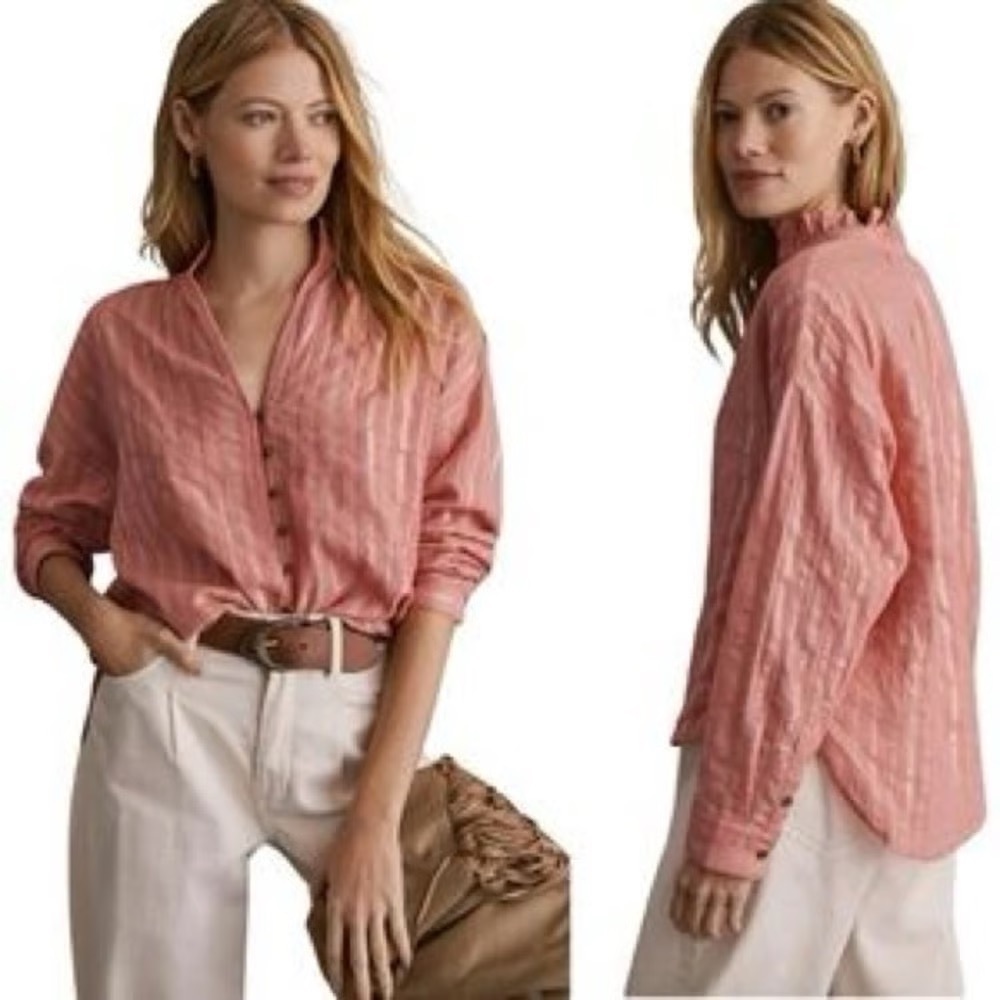 Anthropologie Pilcro The Tavi Button Down Blouse Top  Coral Silver Petite Small